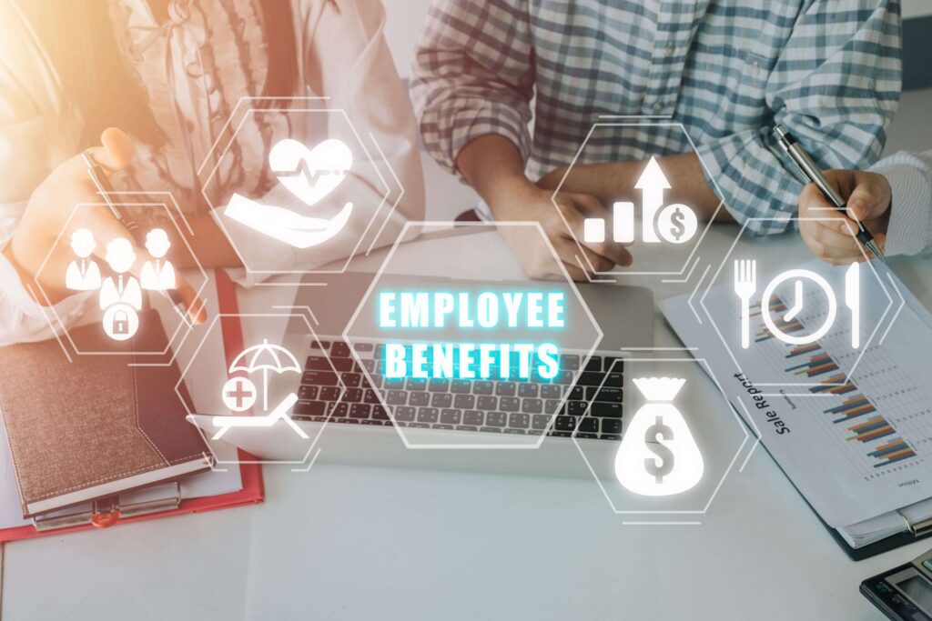 Employee benefits overview with icons representing health insurance, financial growth, time management, and security at Nick Godfrey Insurance Inc.